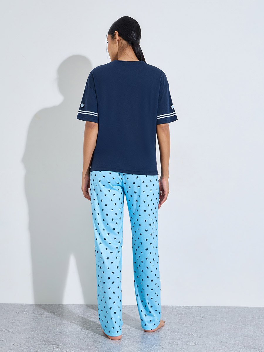 Blue Star Print T-Shirt and Straight Leg Pants Pyjama Set