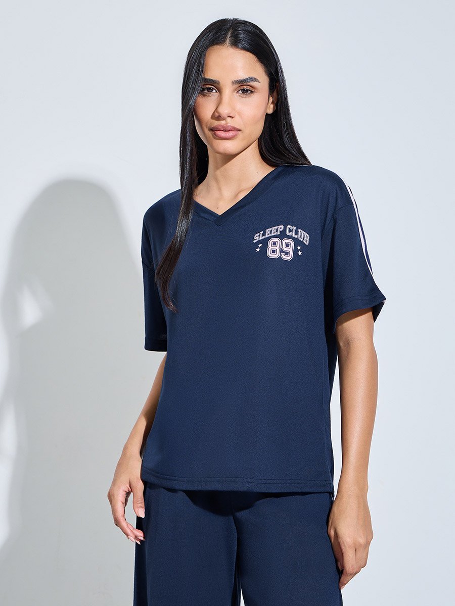 Navy Blue Graphic Print T-Shirt and Wide leg Pants Pyjama Set