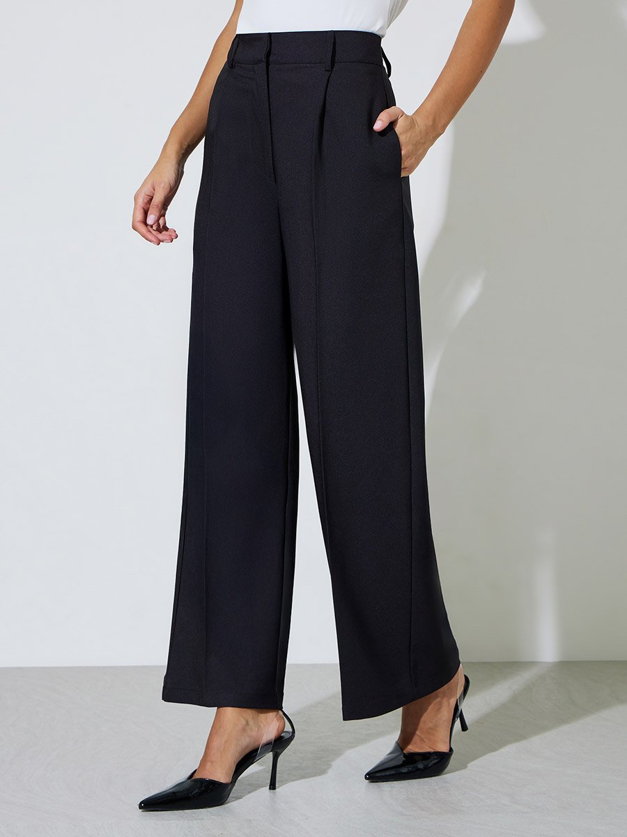 Black Solid Tailored Wide-Leg Trousers