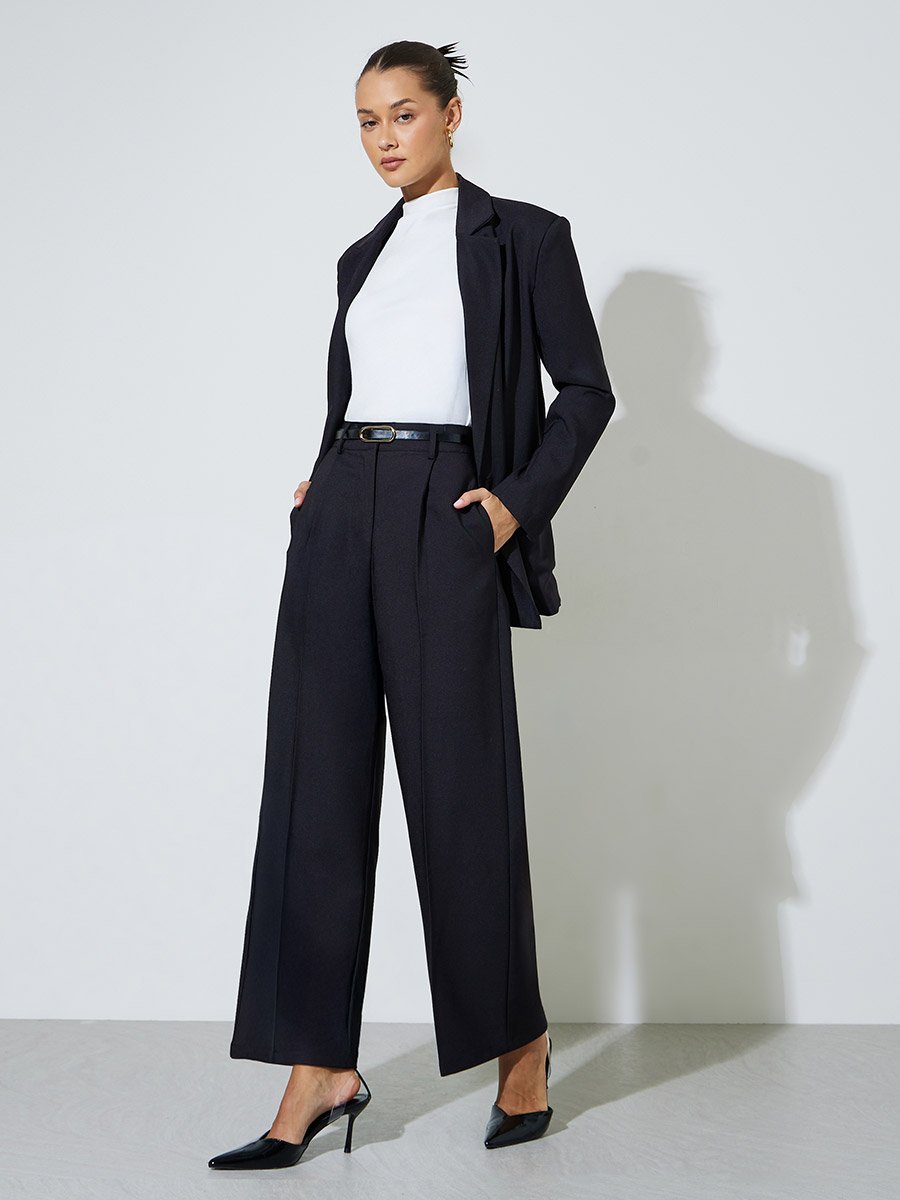 Black Solid Tailored Wide-Leg Trousers
