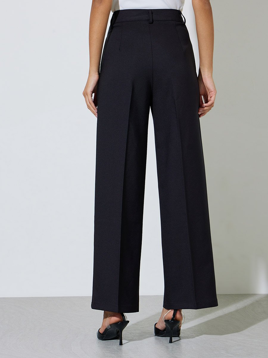 Black Solid Tailored Wide-Leg Trousers