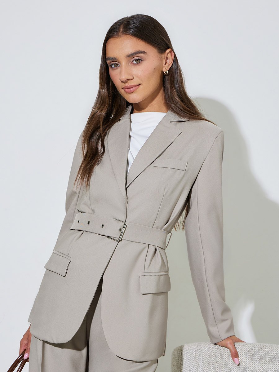 Grey Solid Belted Regular Fit Blazer