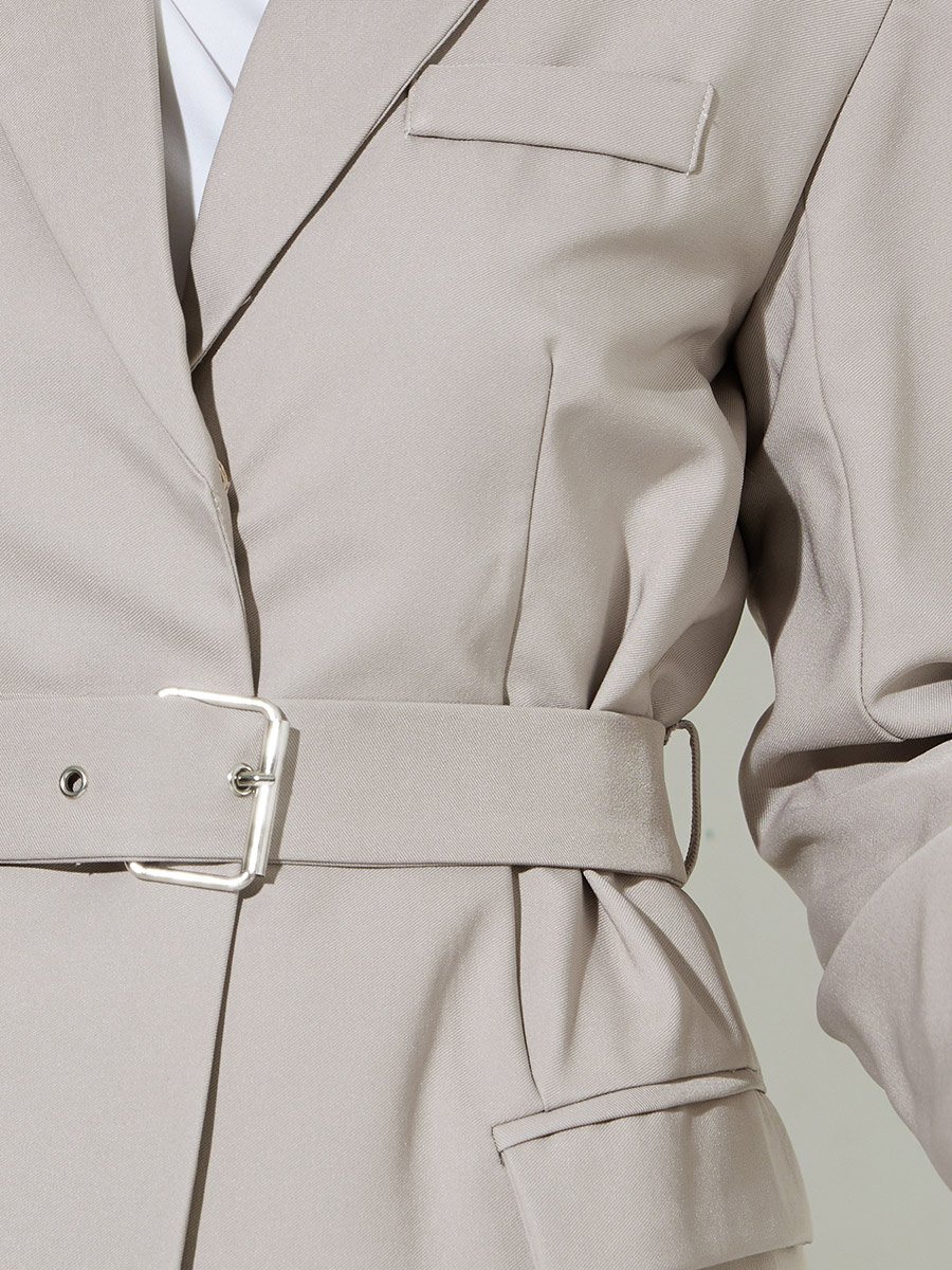 Grey Solid Belted Regular Fit Blazer