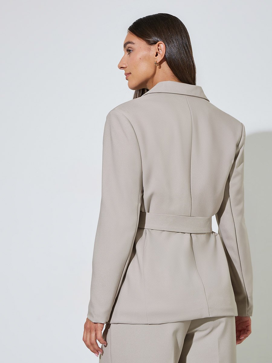 Grey Solid Belted Regular Fit Blazer