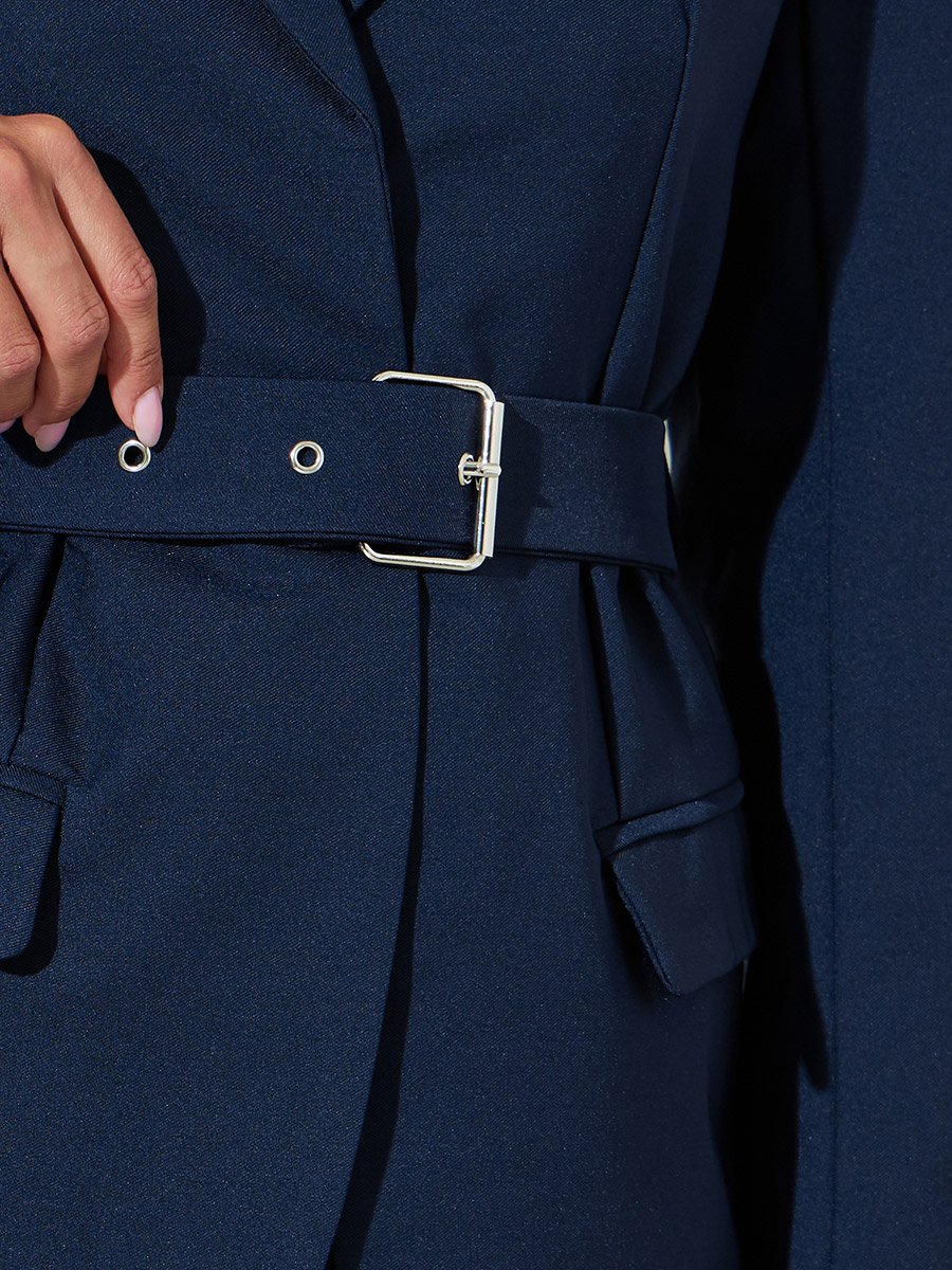 Navy Blue Solid Belted Regular Fit Blazer