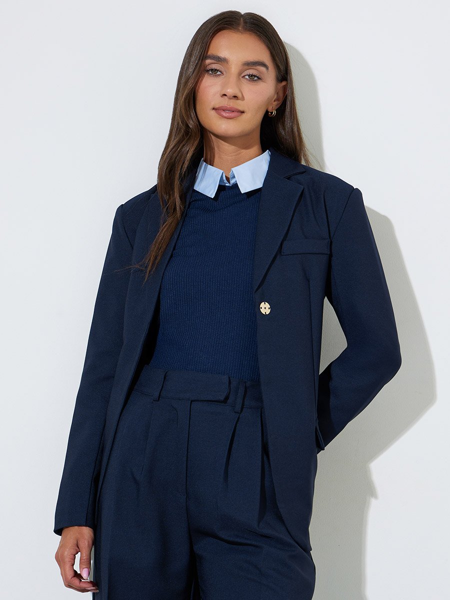 Navy Blue Solid Belted Regular Fit Blazer