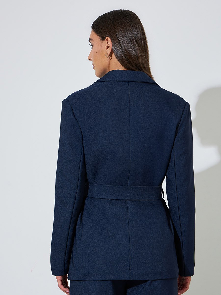 Navy Blue Solid Belted Regular Fit Blazer
