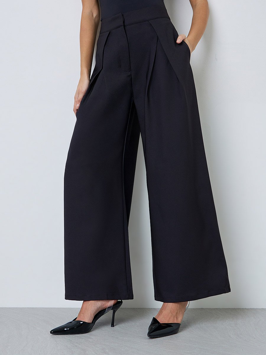 Black Wide Leg Darted Trousers
