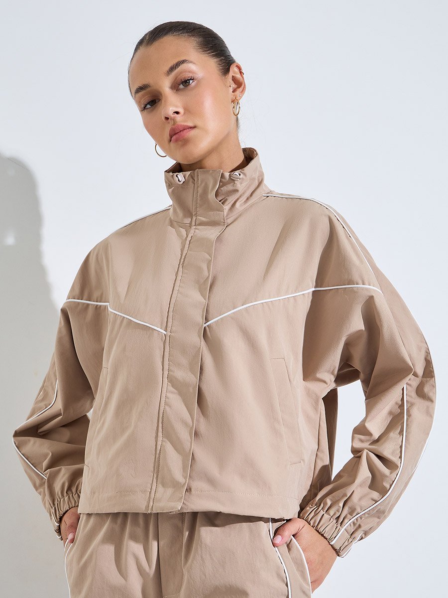 Beige Regular Fit Bomber Jacket with Contrast Piping