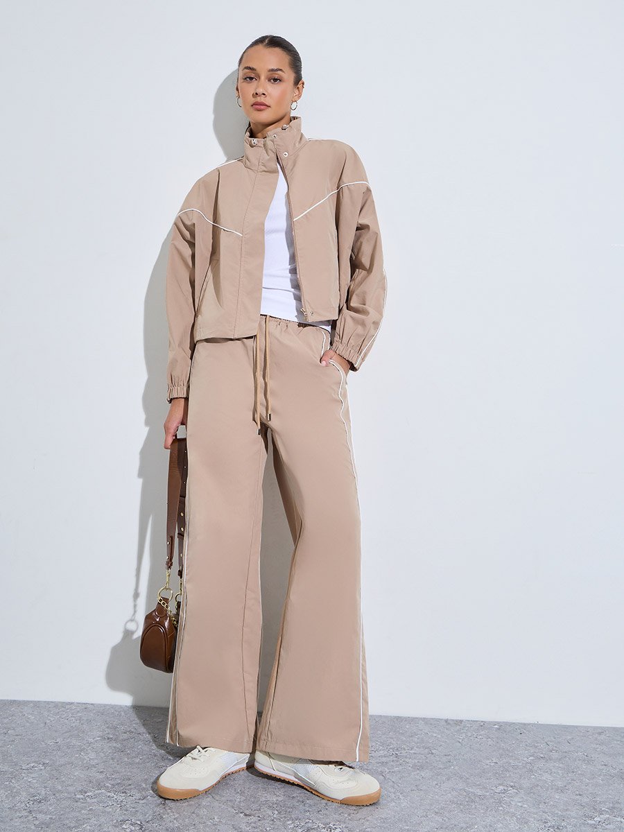 Beige Regular Fit Bomber Jacket with Contrast Piping