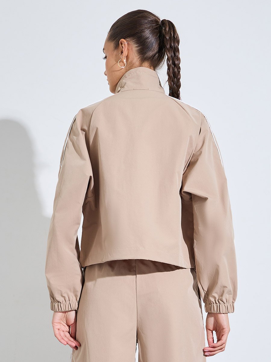 Beige Regular Fit Bomber Jacket with Contrast Piping