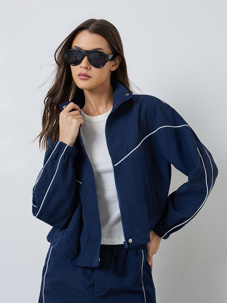 Navy Blue Regular Fit Bomber Jacket with Contrast Piping