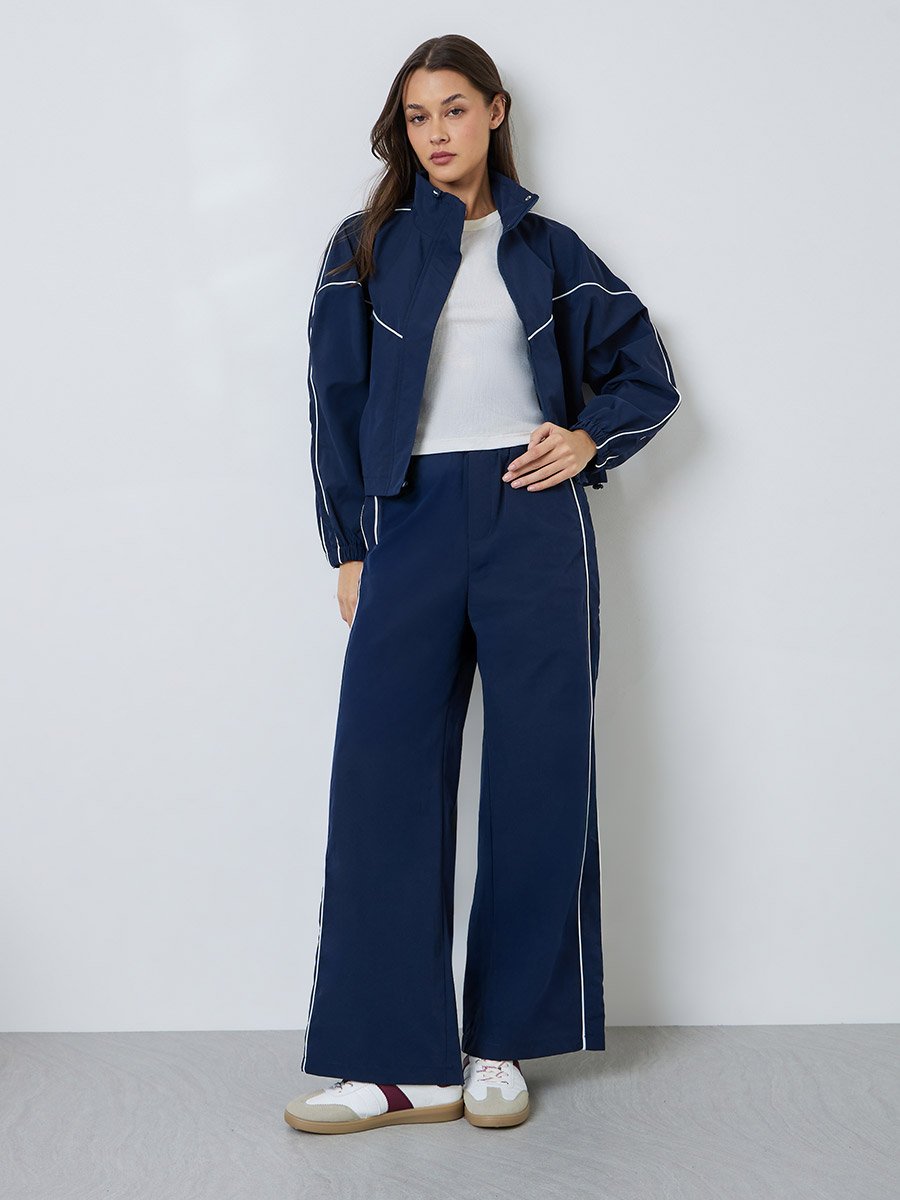Navy Blue Regular Fit Bomber Jacket with Contrast Piping