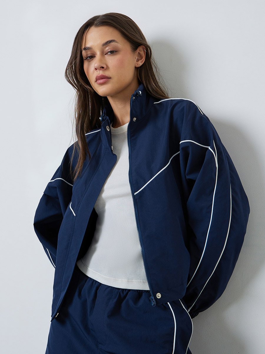 Navy Blue Regular Fit Bomber Jacket with Contrast Piping