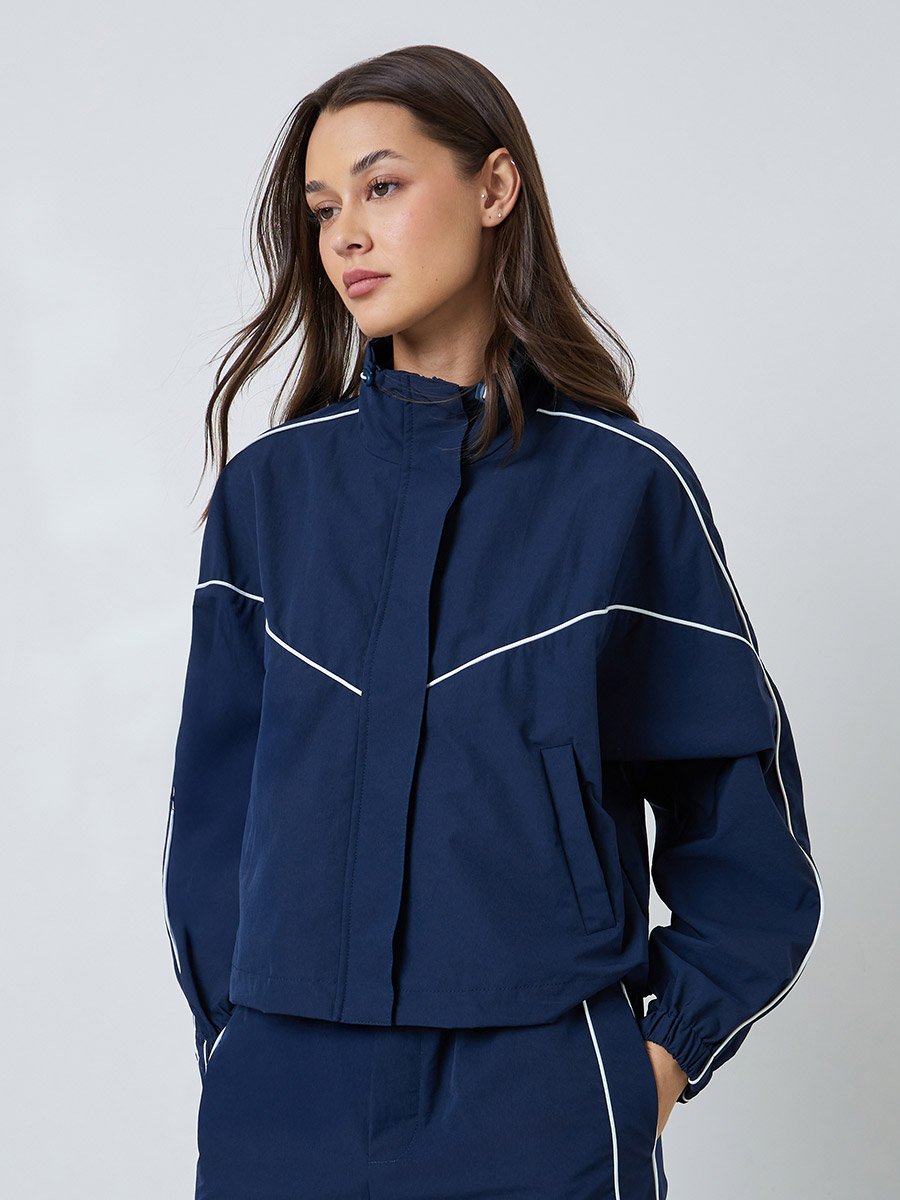 Navy Blue Regular Fit Bomber Jacket with Contrast Piping