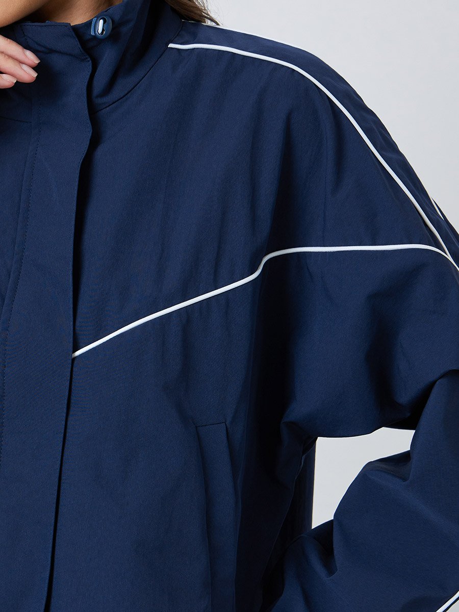 Navy Blue Regular Fit Bomber Jacket with Contrast Piping