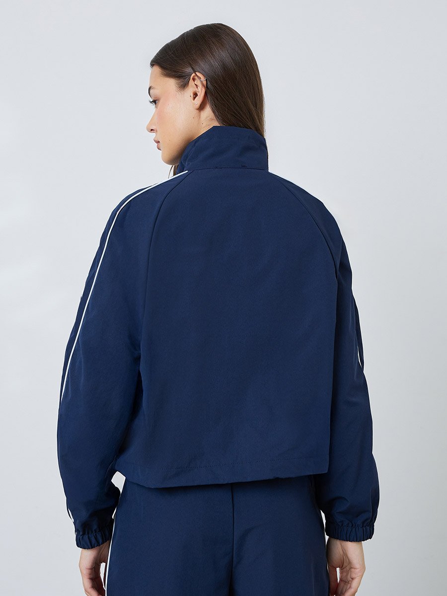 Navy Blue Regular Fit Bomber Jacket with Contrast Piping
