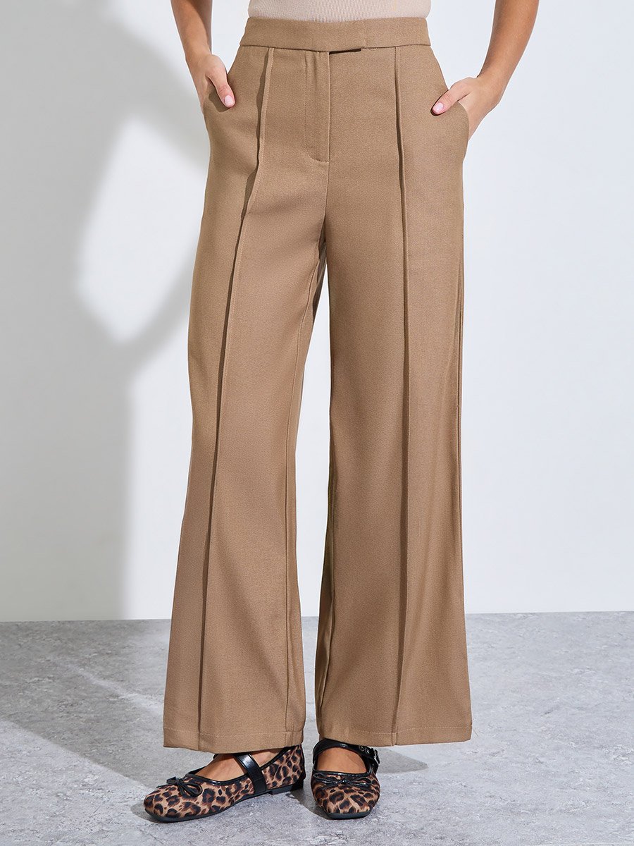Beige Wide-Leg Trousers with Front Seam Detail