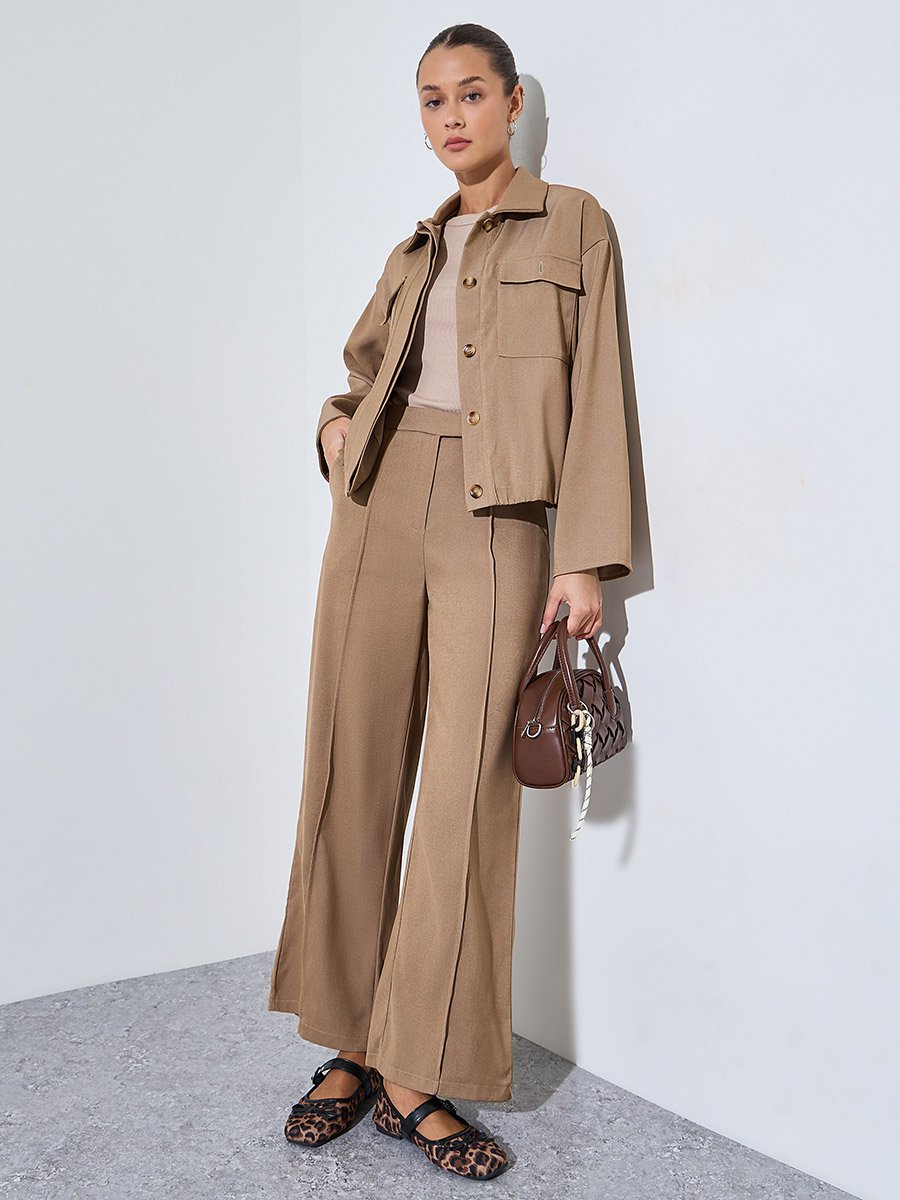 Beige Wide-Leg Trousers with Front Seam Detail