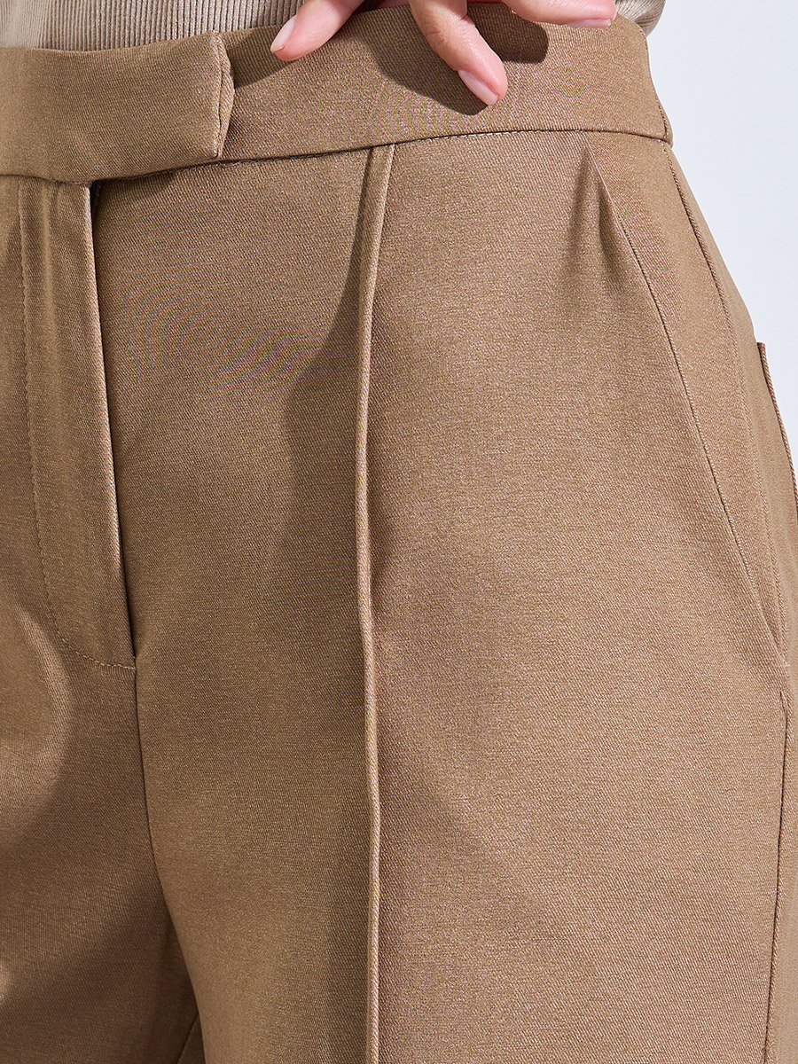 Beige Wide-Leg Trousers with Front Seam Detail