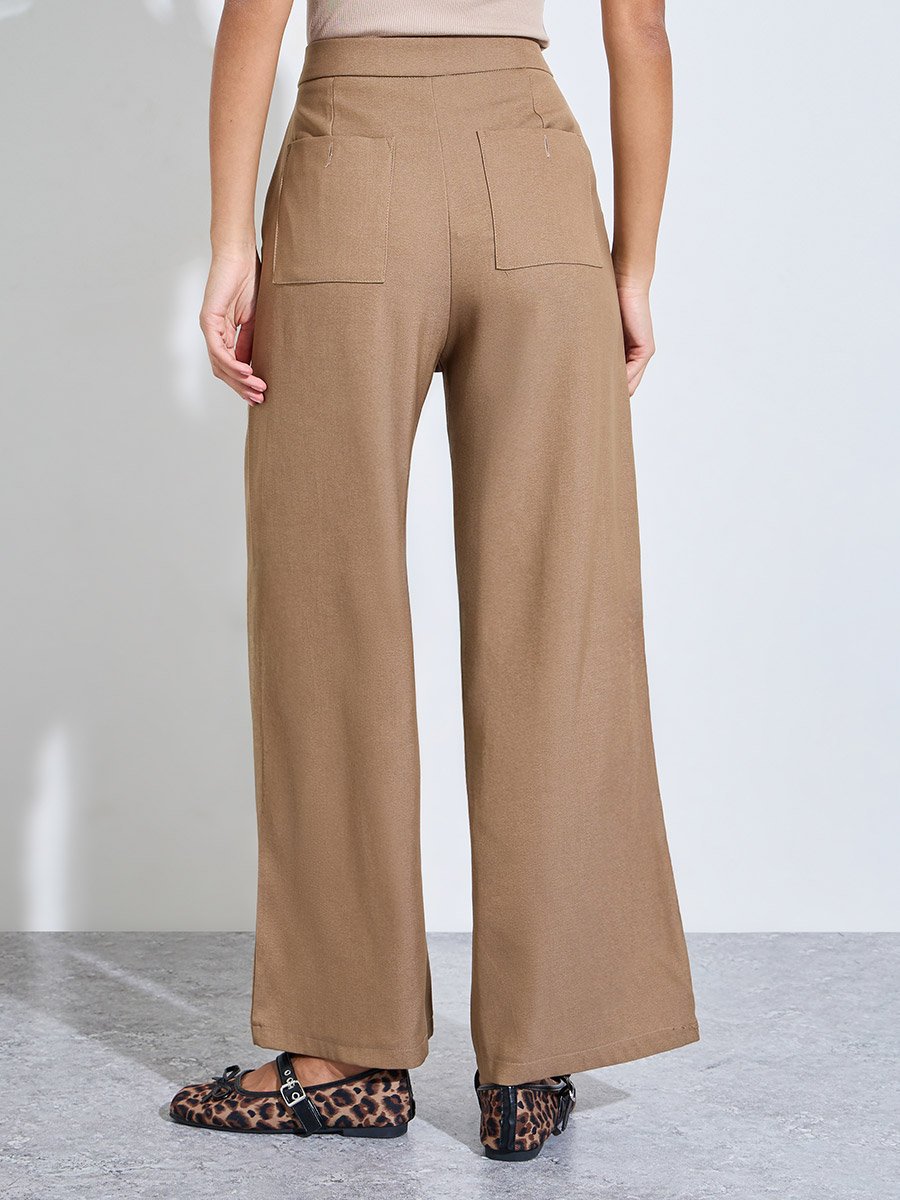 Beige Wide-Leg Trousers with Front Seam Detail