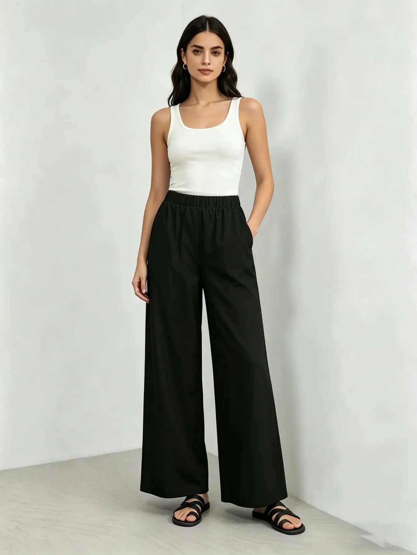 Black Elastic Waist Wide Leg Pants