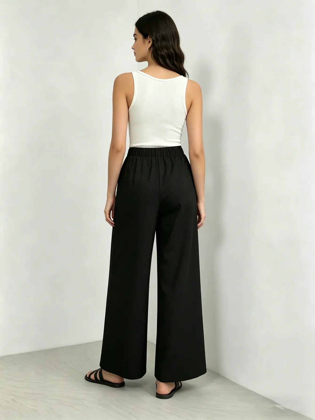 Black Elastic Waist Wide Leg Pants