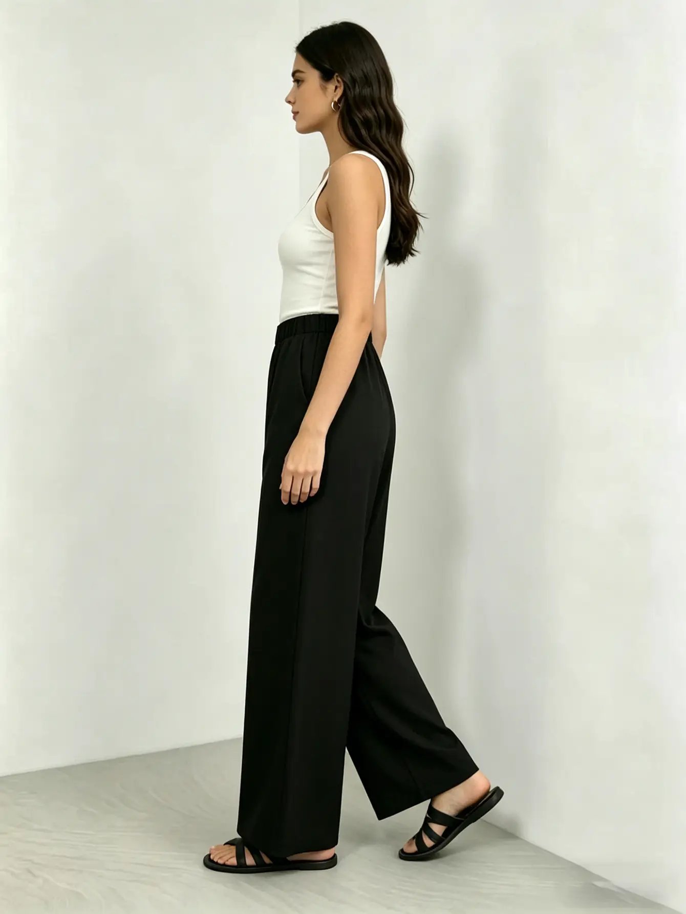Black Elastic Waist Wide Leg Pants