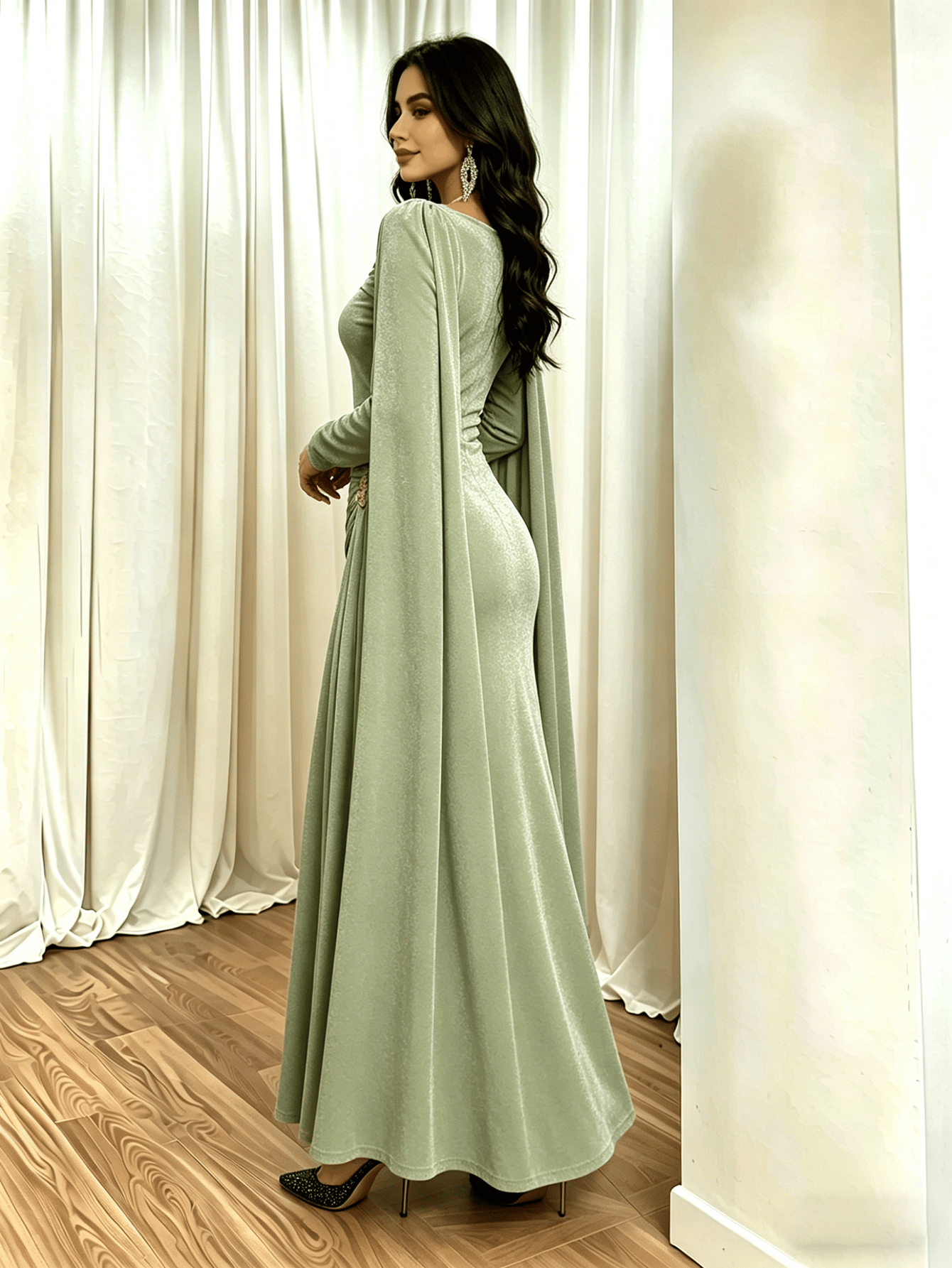 Sage Green Draped Ruched Maxi Dress