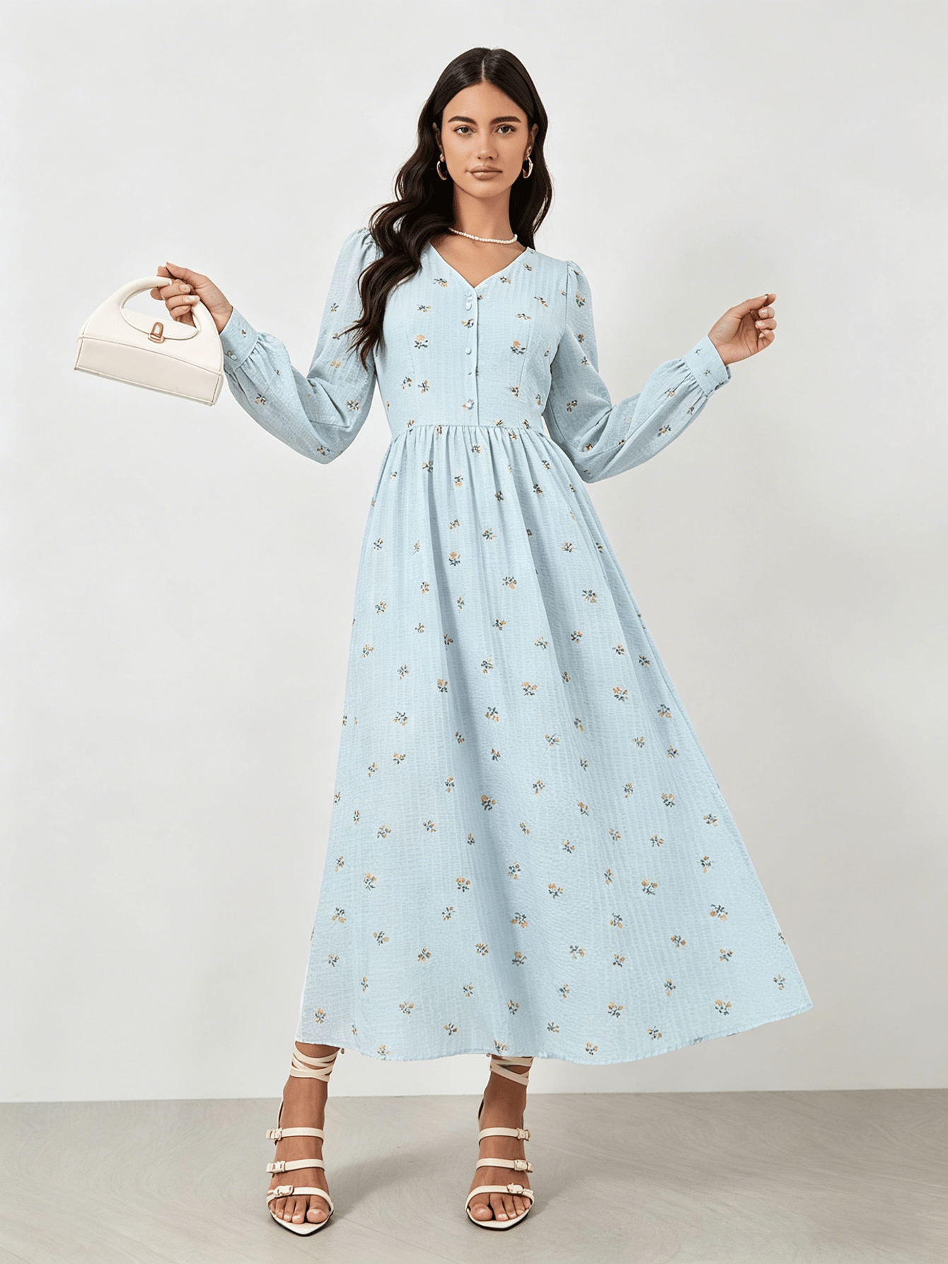 Light Blue Floral V Neck A-Line Maxi Dress