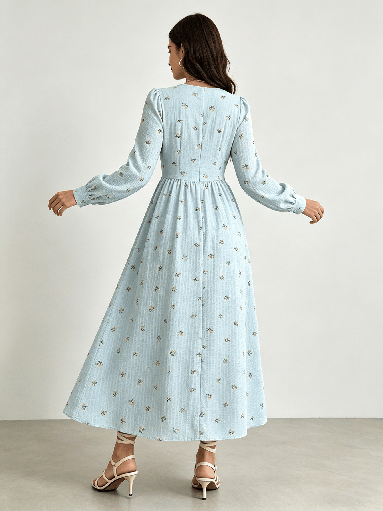 Light Blue Floral V Neck A-Line Maxi Dress
