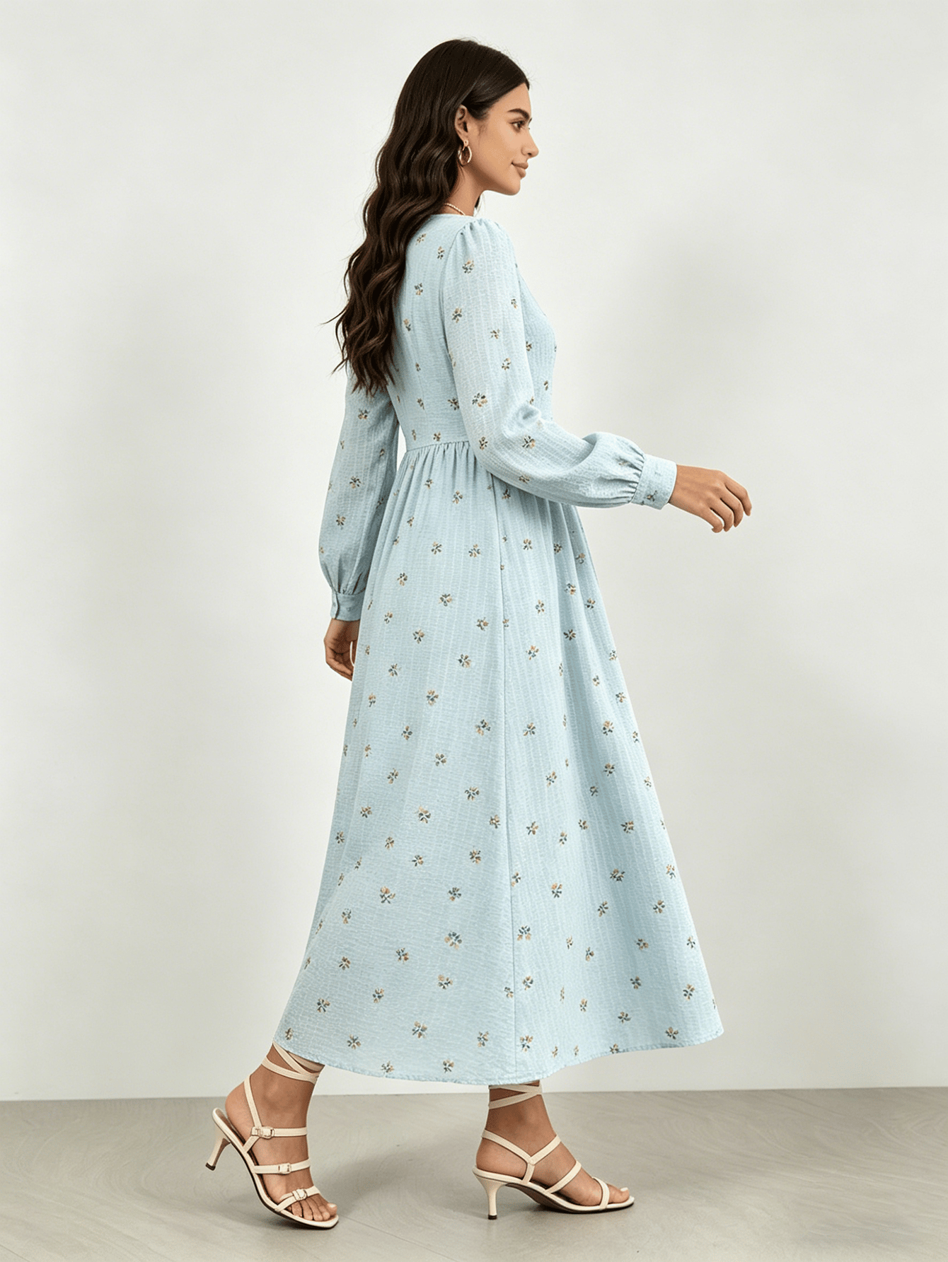 Light Blue Floral V Neck A-Line Maxi Dress