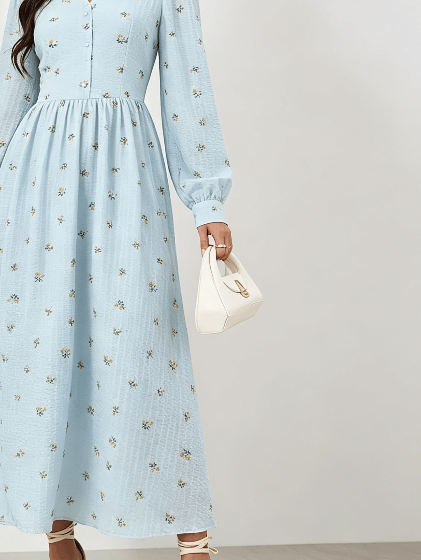 Light Blue Floral V Neck A-Line Maxi Dress