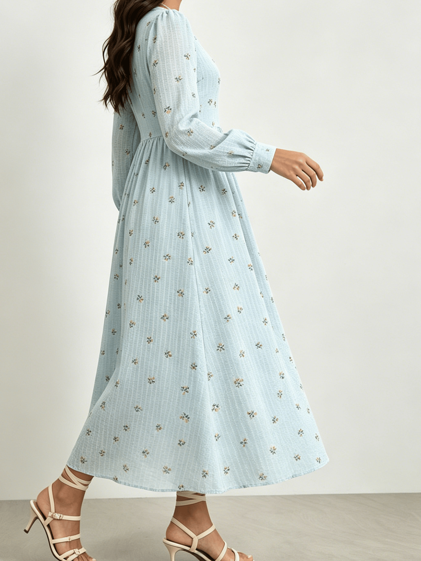 Light Blue Floral V Neck A-Line Maxi Dress