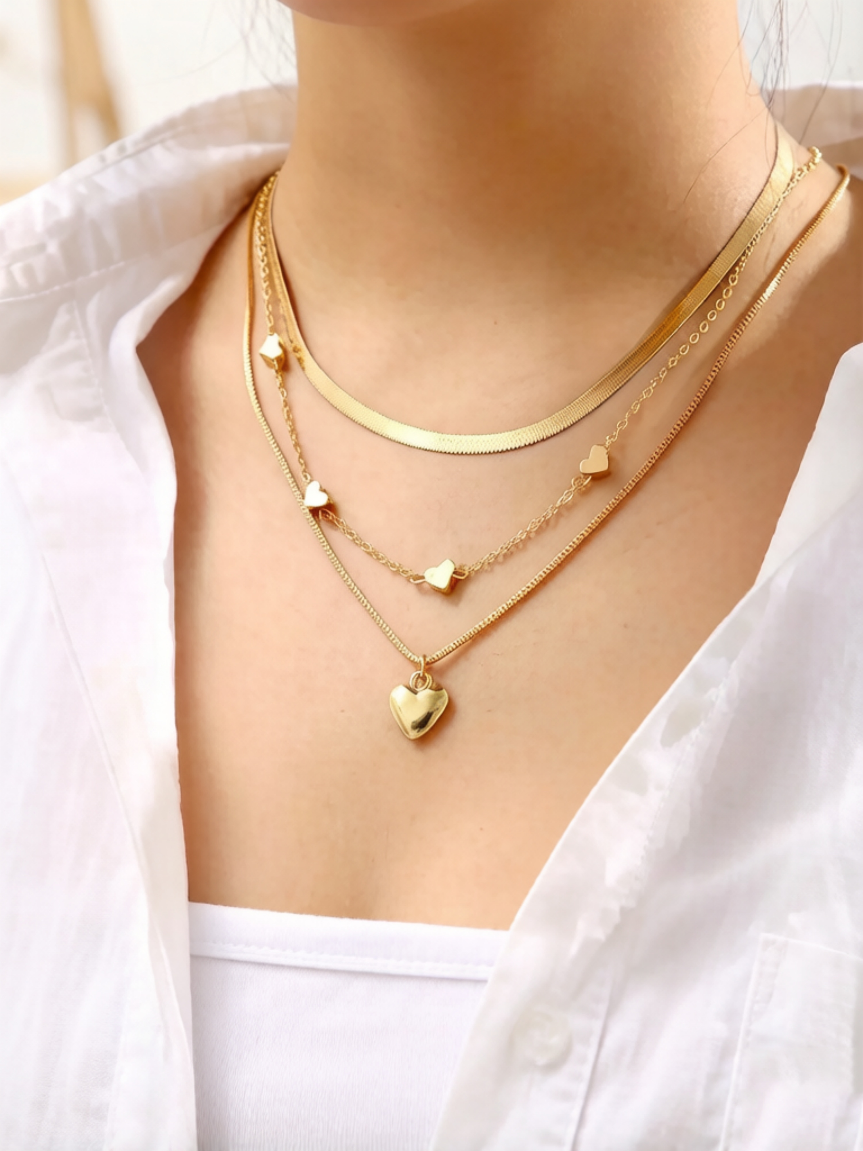 Set of 3 - Chain and Heart Pendant Necklace