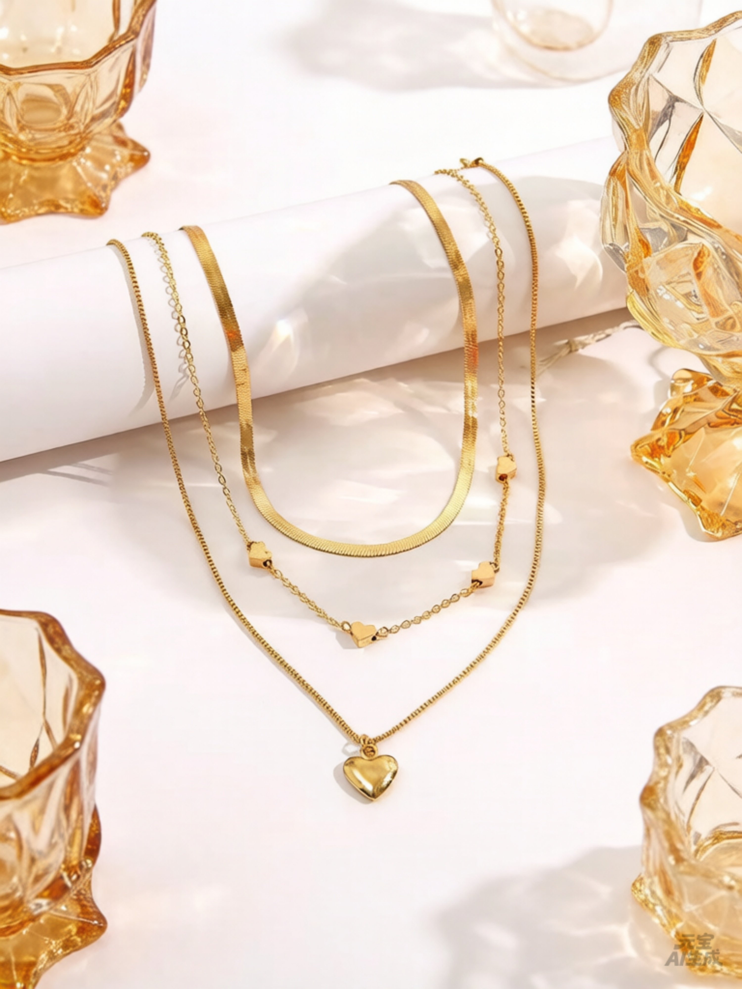 Set of 3 - Chain and Heart Pendant Necklace