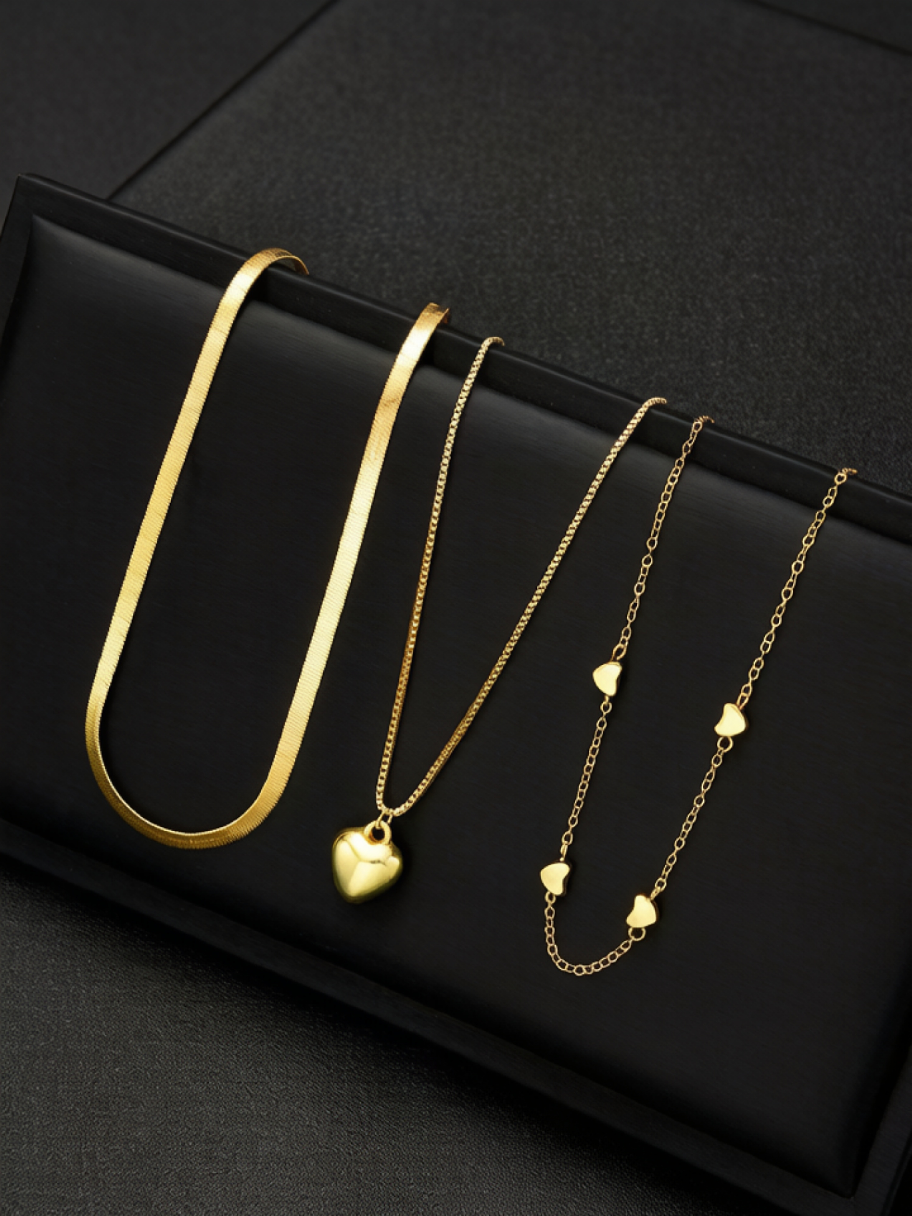 Set of 3 - Chain and Heart Pendant Necklace