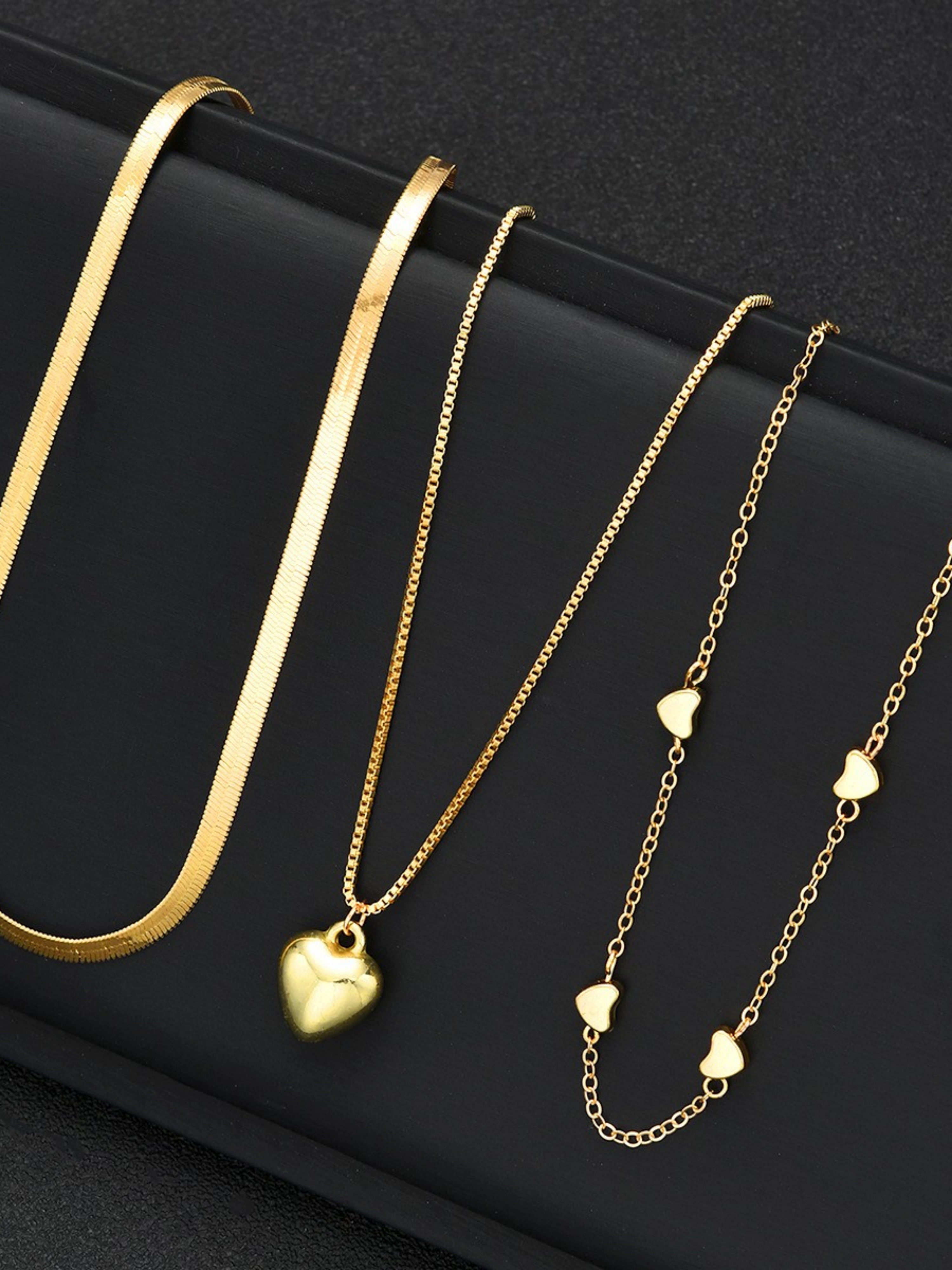 Set of 3 - Chain and Heart Pendant Necklace