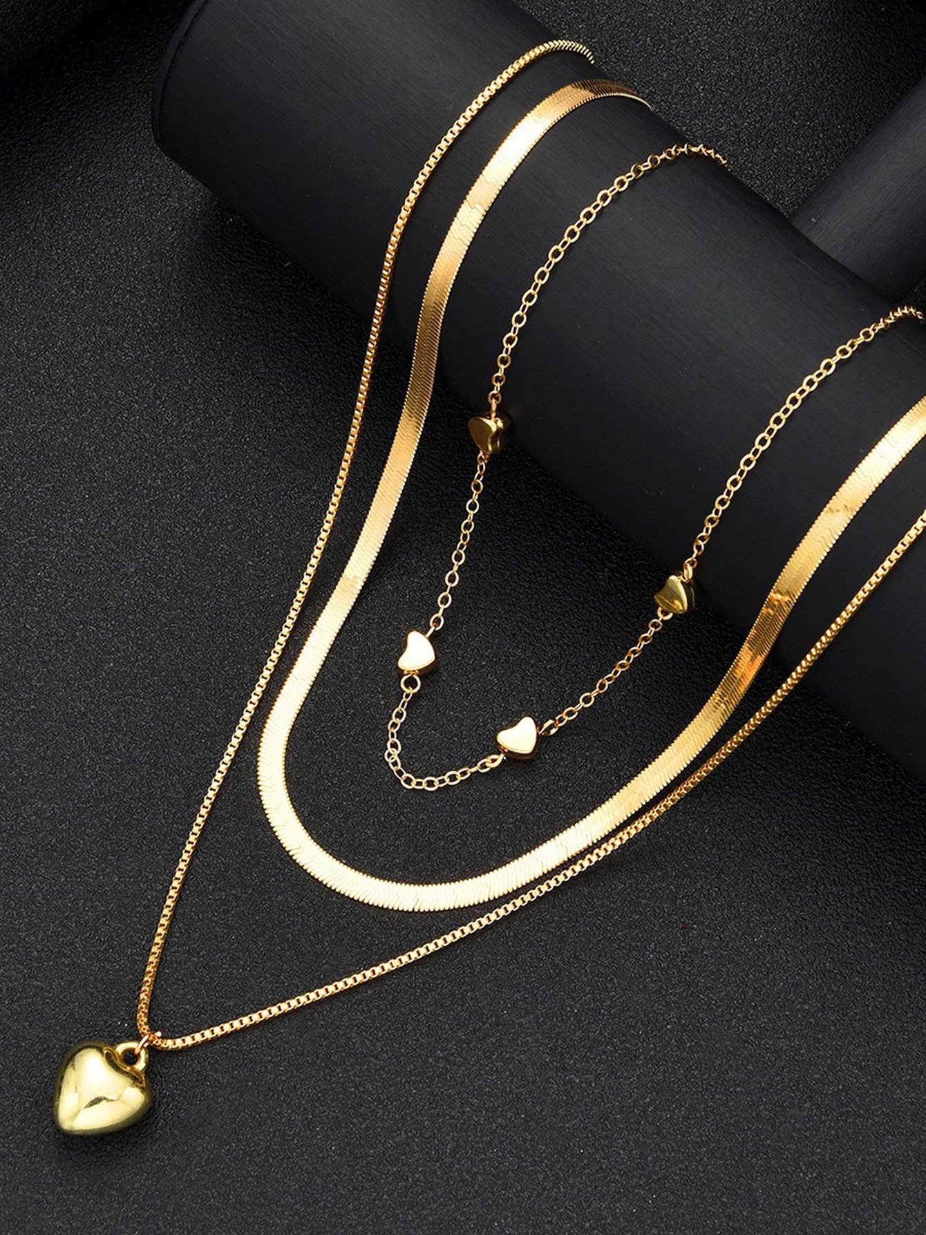Set of 3 - Chain and Heart Pendant Necklace