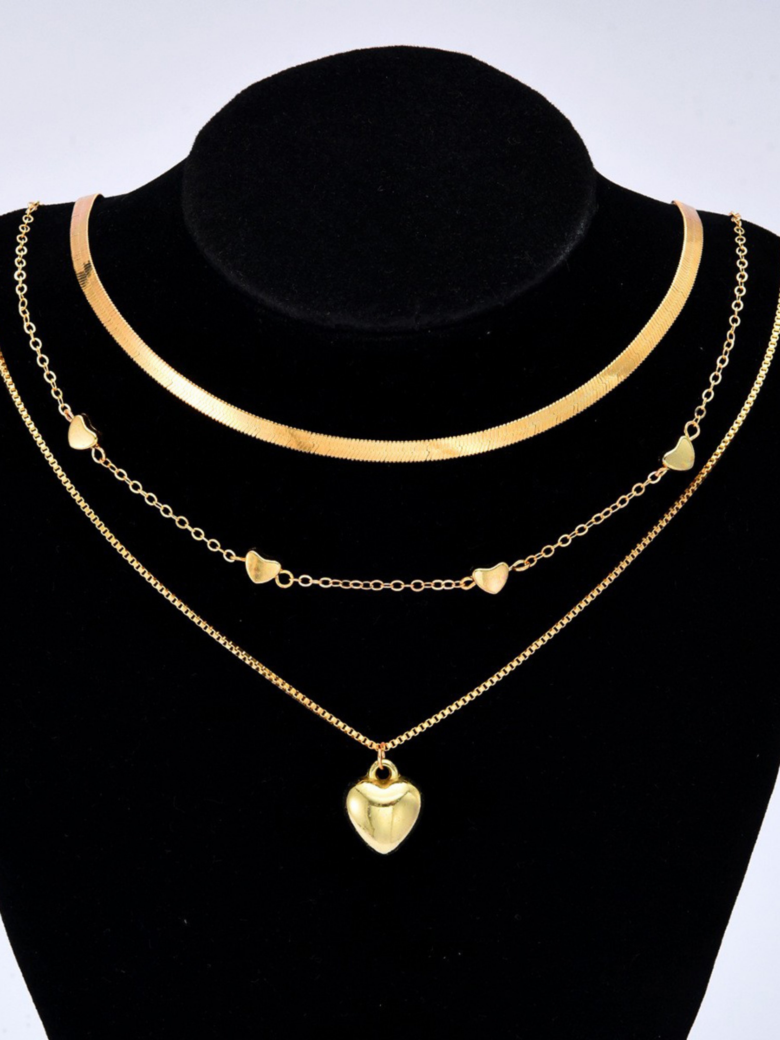 Set of 3 - Chain and Heart Pendant Necklace