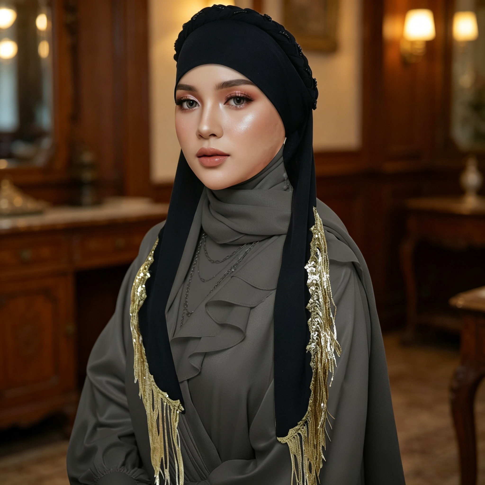 Black Plain Headscarf with Gold Fringe 