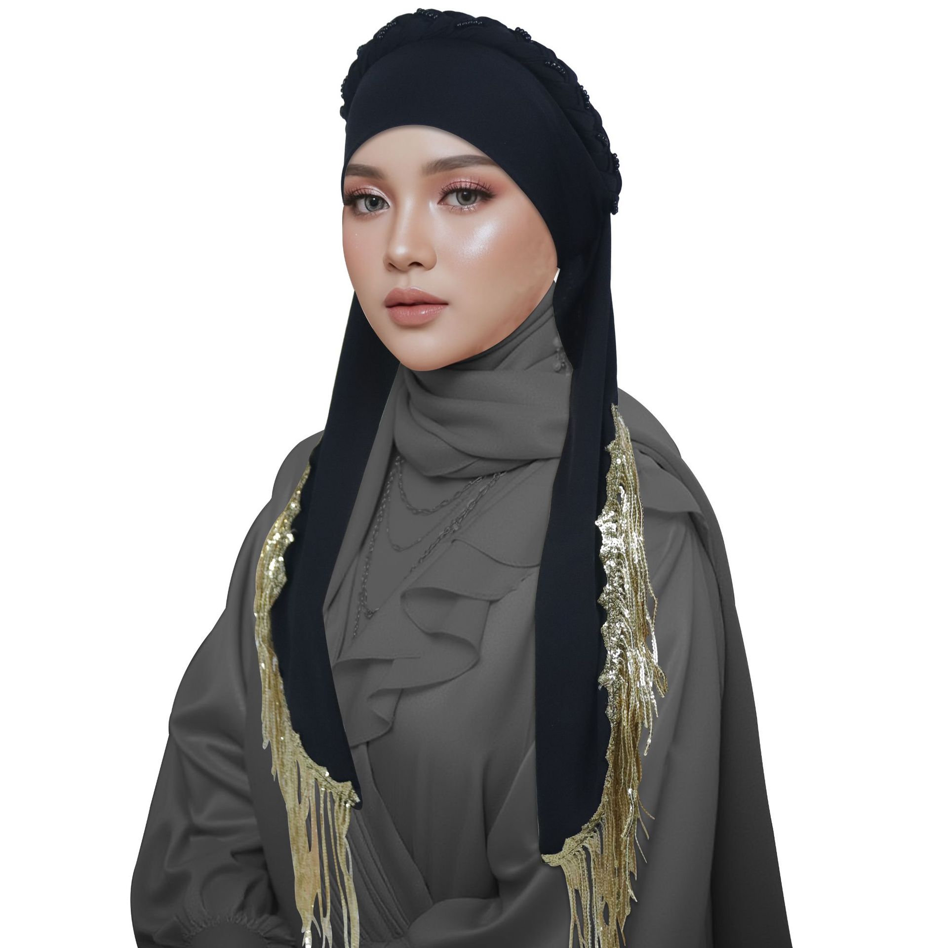 Black Plain Headscarf with Gold Fringe 