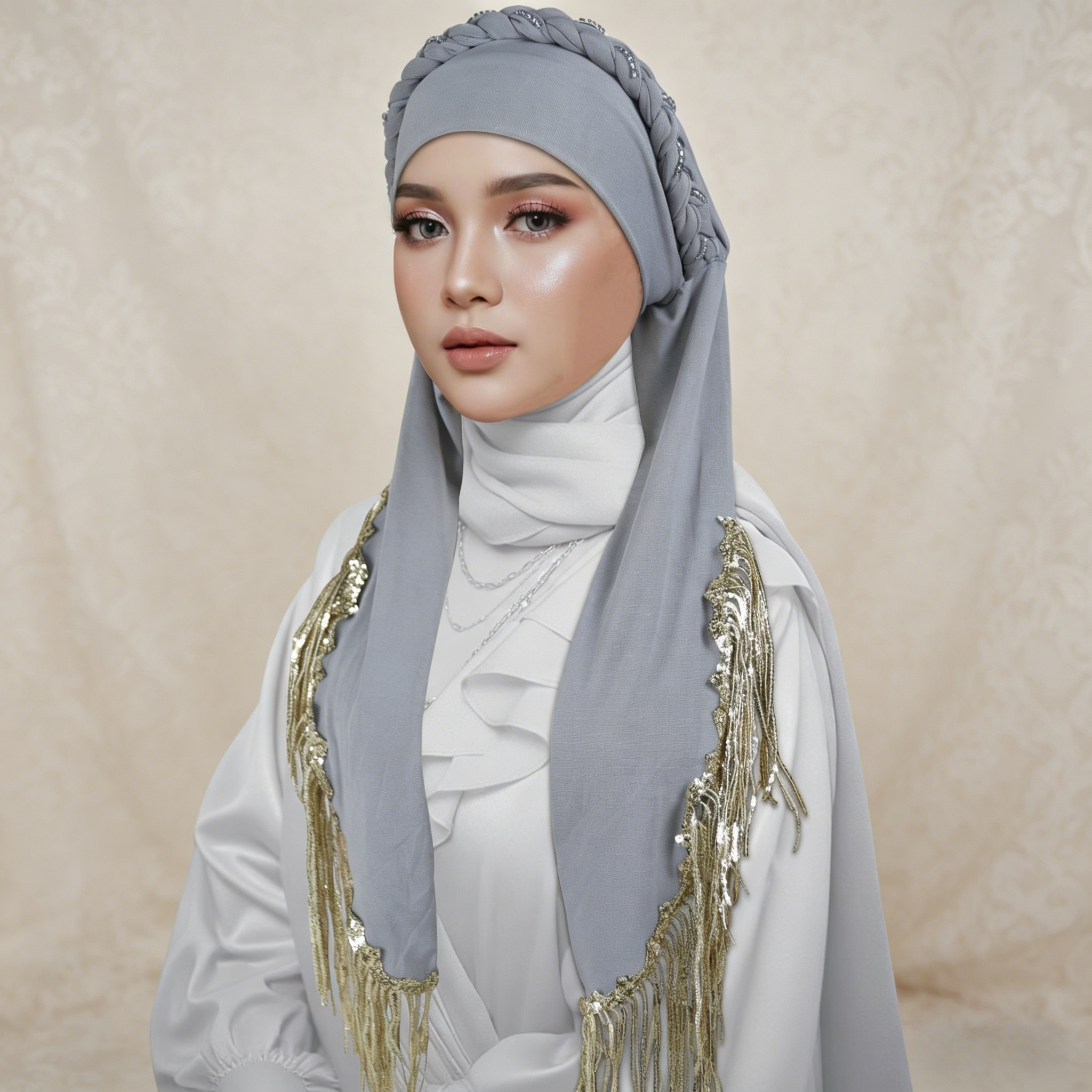 Grey Hijab with Braided Detail