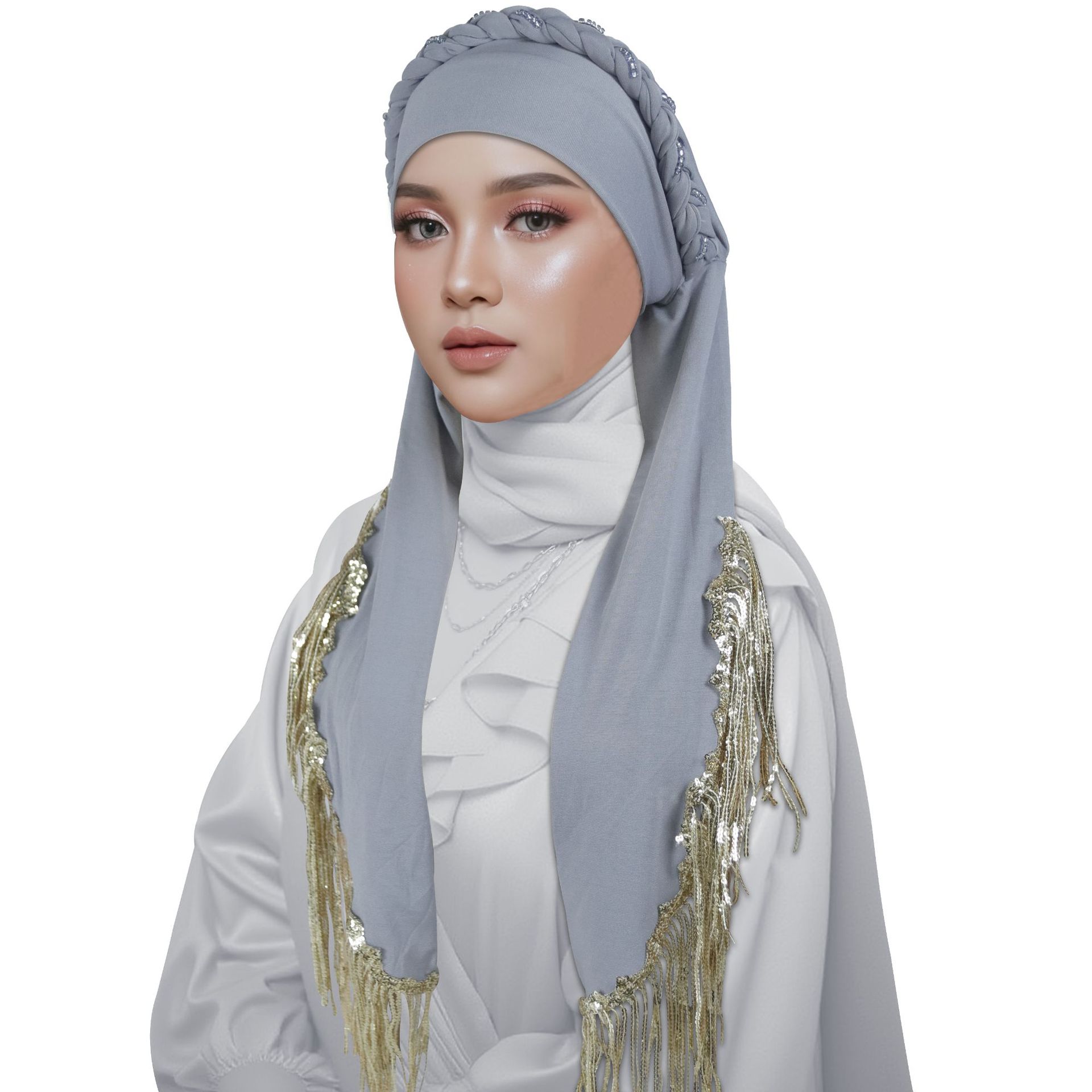 Grey Hijab with Braided Detail