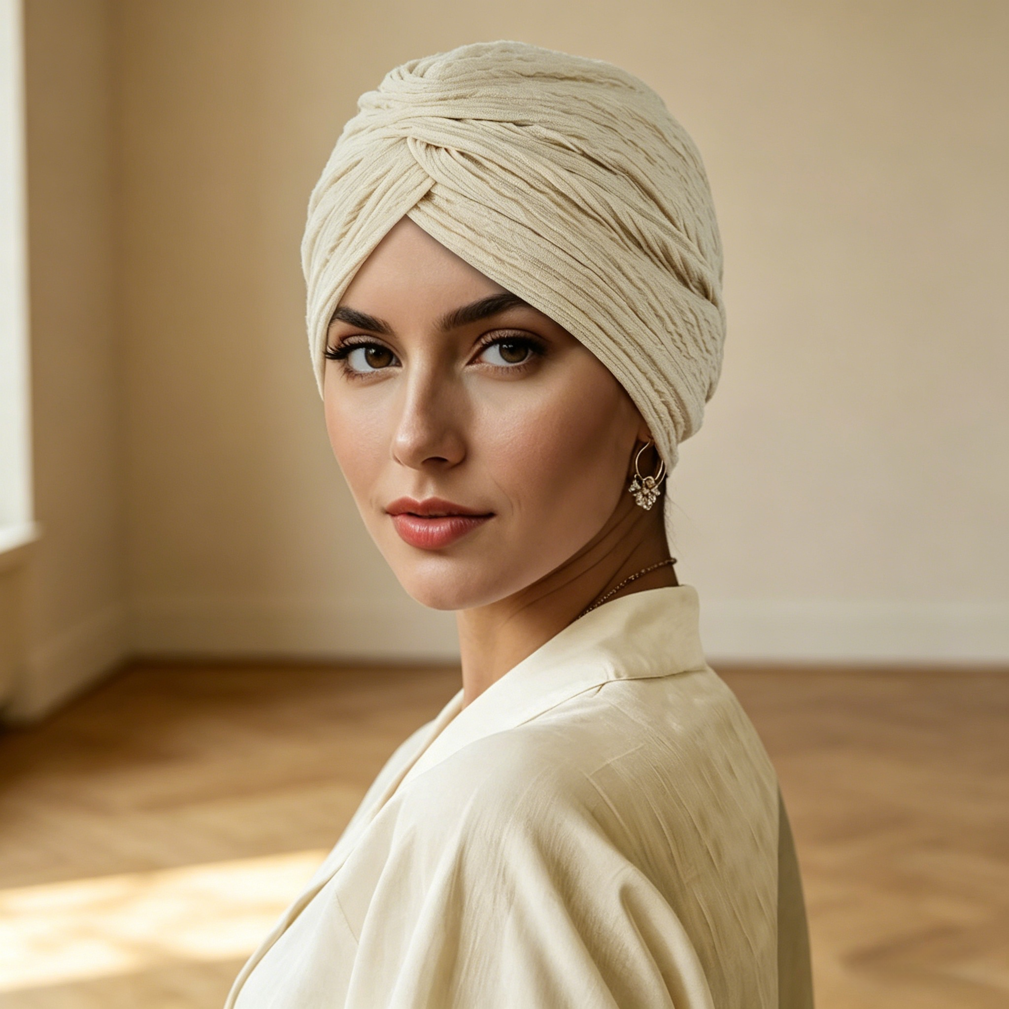 Beige Pleated Head Wrap Turban