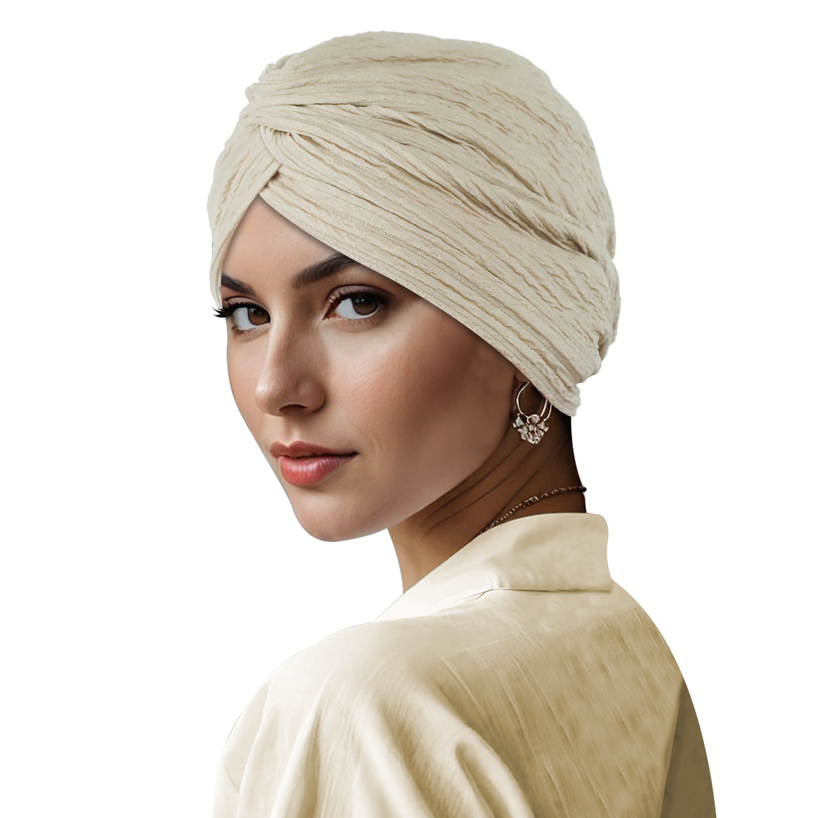 Beige Pleated Head Wrap Turban