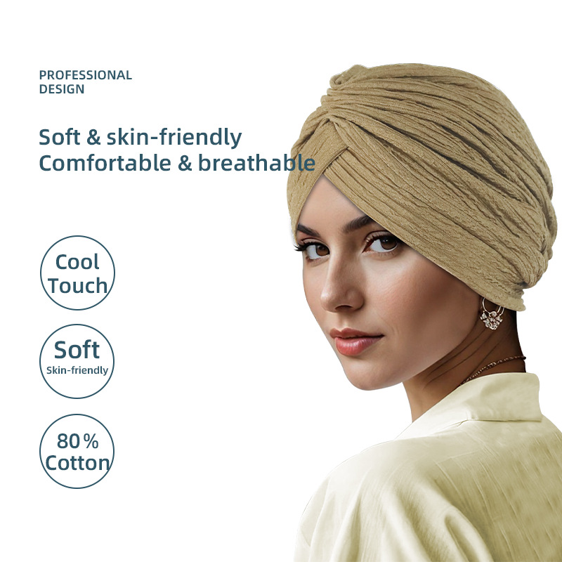 Beige Pleated Head Wrap Turban