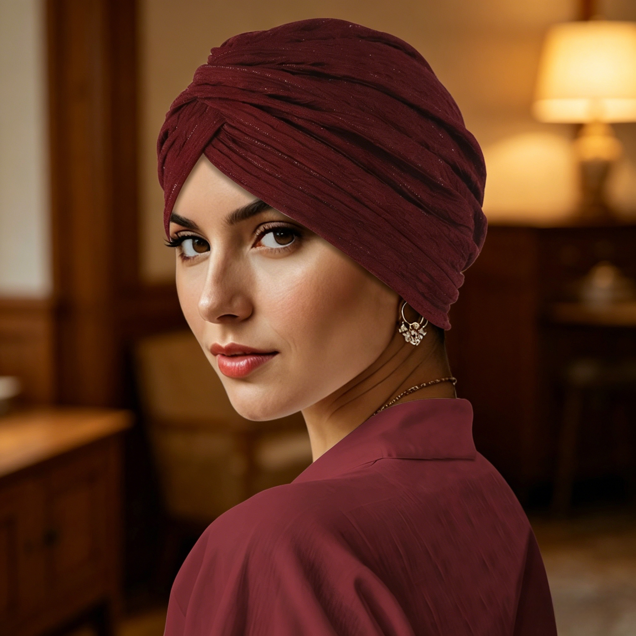 Burgundy Pleated Head Wrap Turban