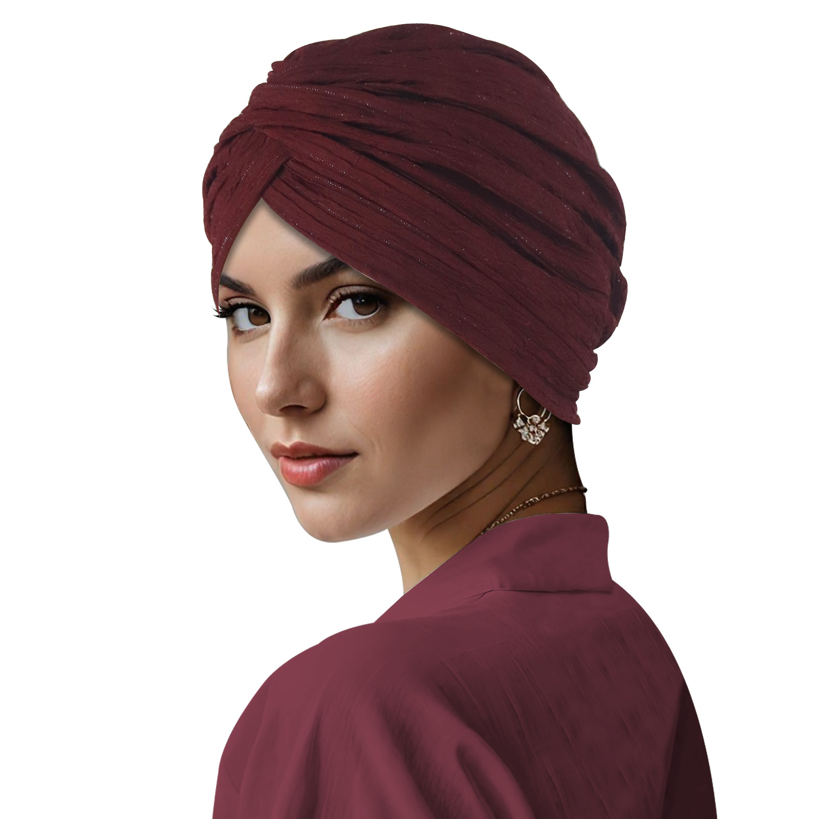 Burgundy Pleated Head Wrap Turban