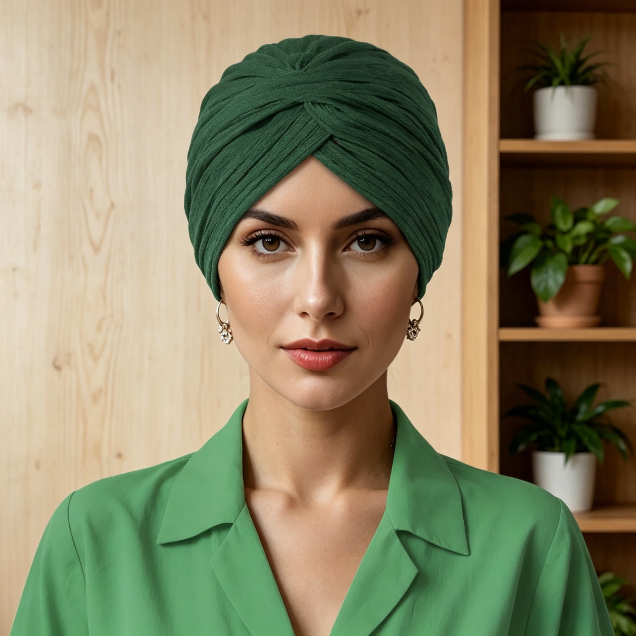 Green Pleated Head Wrap Turban